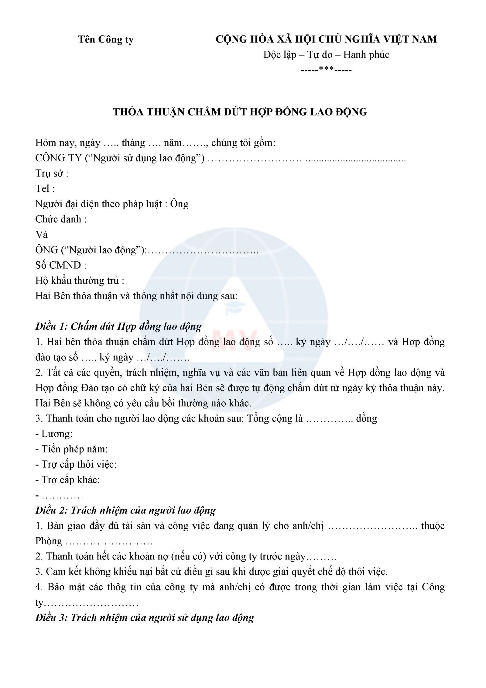 mẫu thỏa thuận chấm dứt hợp đồng lao động